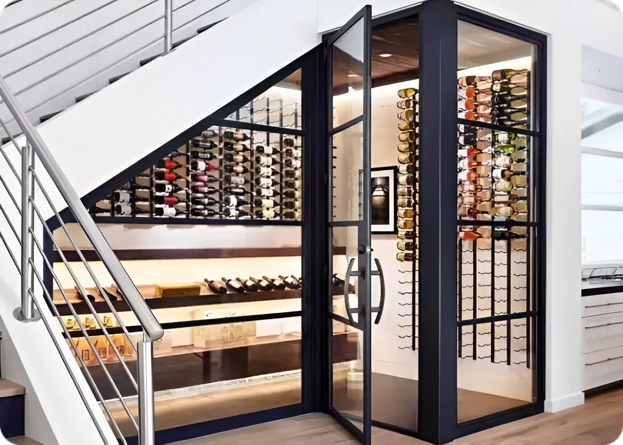 Under-stairs glass wine cabinet